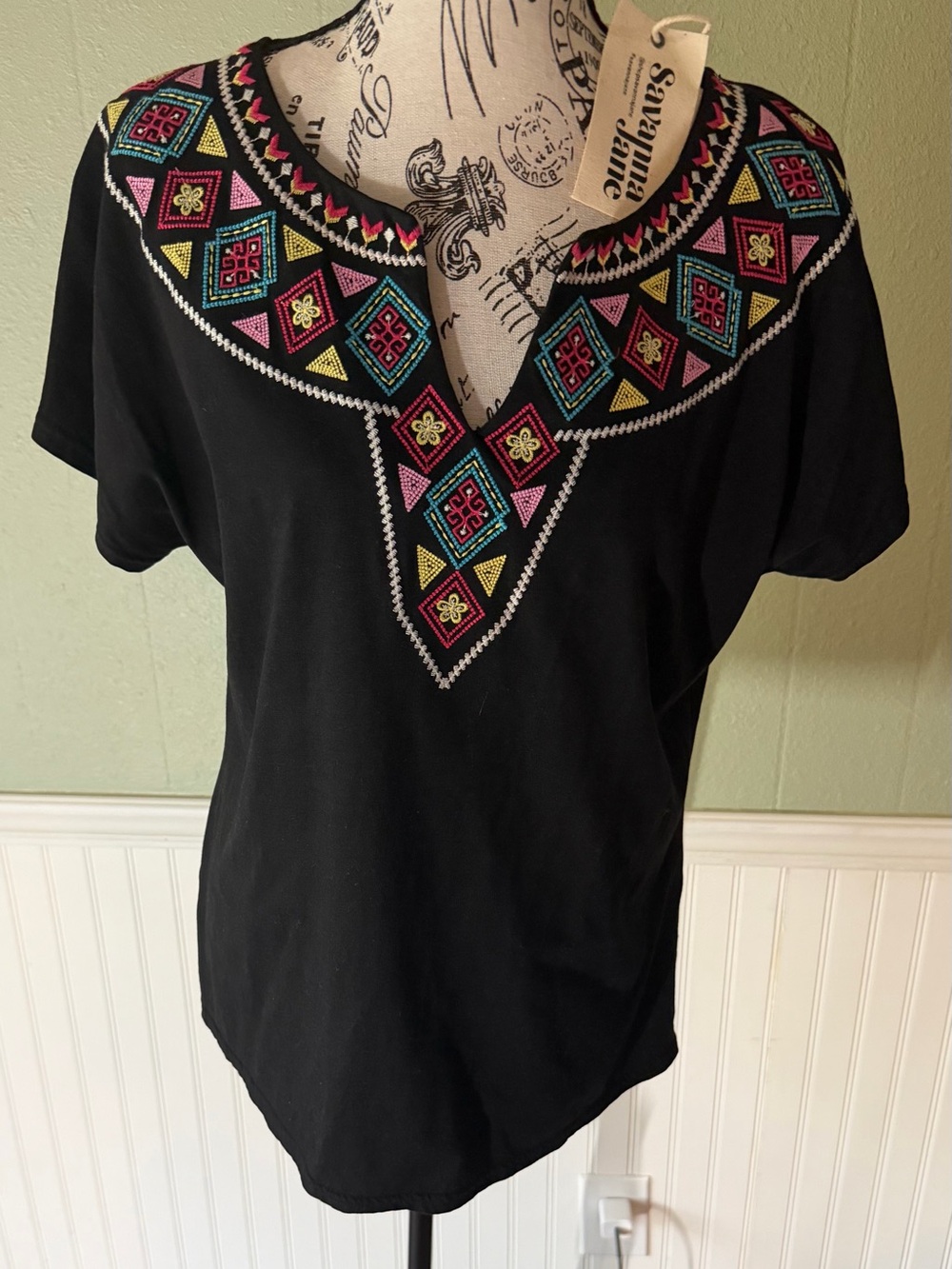 Savanna Jane Black Short-Sleeve Top with Multicolor Aztec Embroidery. BOHO